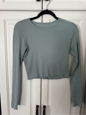 American Eagle Outfitters Light Sage Ribbed Long-Sleeve Crop Top
